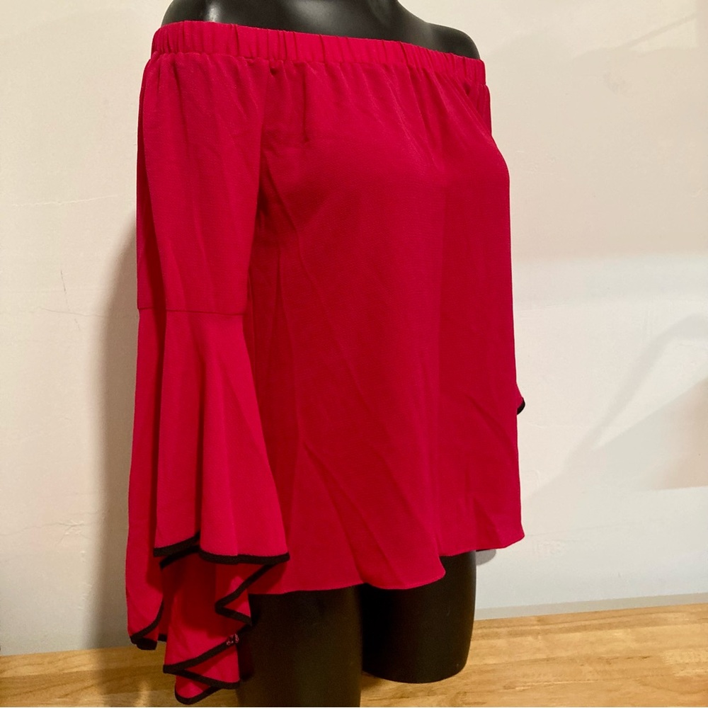 New York & Company Magenta Off-the-Shoulder Ruffled Blouse with Black Trim Small - Picture 2 of 14